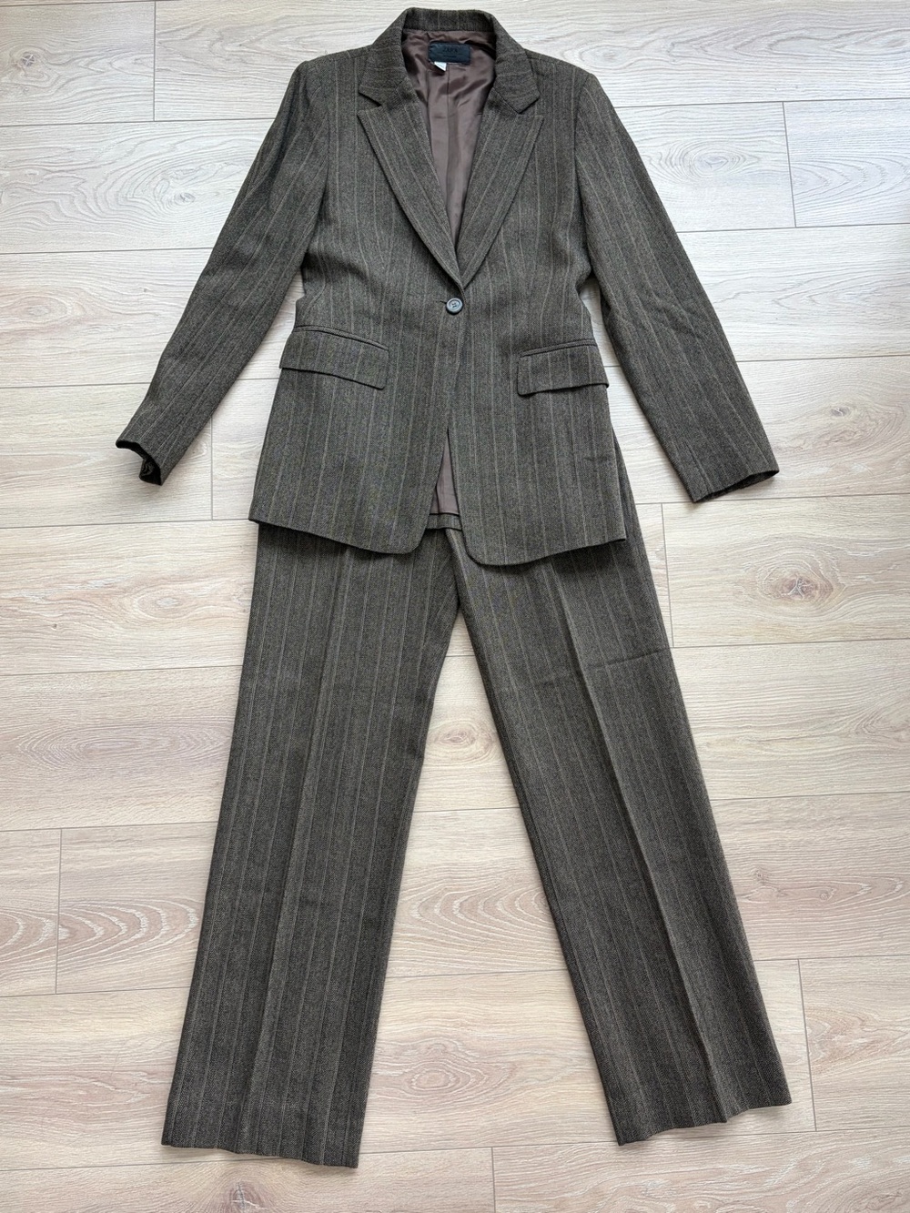 Zara Womens Wool Clasic Brown herring bone blazer & trouser 2 piece Suit size 8